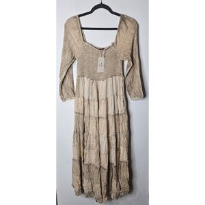 Young Threads Latte Cotton Boho Smocked Patchwork Neutral Flowy Maxi Dress NWT S